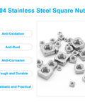Killer 200 Piece Metric Square Nut Assortment Kit Forged From 304 Stainless Steel M3 M4 M5 M6 M8 M10 Sizes on white background.