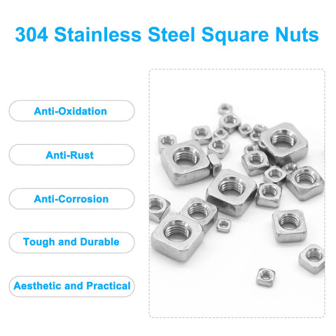 Killer 200 Piece Metric Square Nut Assortment Kit Forged From 304 Stainless Steel M3 M4 M5 M6 M8 M10 Sizes on white background.