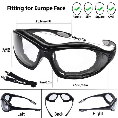 SAFEYEAR SG002 anti-fog safety glasses with black frame and clear scratch-resistant lenses, front view