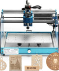 3018 ProVer V2 Desktop CNC Milling Machine For Beginners with examples of engraved signs and designs, focus on spoilboard