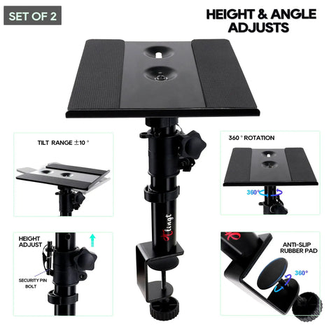 Clamp On Desk Speaker Stands For Dual Monitors, Height Adjustable Tilt, Desktop Mounts, Black Metal Platform, Set of 2