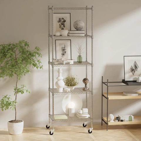 Beefy Rolling Garage Shelving Unit With Wheels 5 Tier Adjustable Wire Rack Durable Steel Storage For Kitchen Office Garage And Workshop 865 Pound Capacity Easy Mobility With Adjustable Feet Chrome Finish, 5-tier chrome wire shelf on wheels