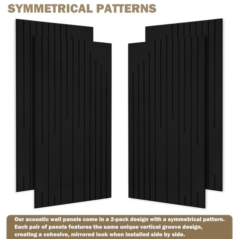 Fresh Groove Design Acoustic Wall Panels For Legit Sound Absorption And Echo Reduction Solid Noise Blocking, symmetrical black pattern.