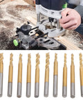 10-pack Ti-coated 3-flute end mills with round tungsten steel shanks for woodworking and plastics; Amazon brand