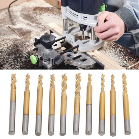Ten 3-flute end mills with round shanks, Ti-coated tungsten steel; shown with a woodworking router cutting wood.