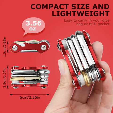 All In One Diving Tool For Scuba Gear, 8 In 1 Folding Stainless Steel Multi Tool displayed in hand, 3.56oz, compact size.