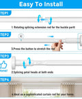 White No Drill Tension Curtain Rods Extends From 41 To 146 Inches installation steps, showing easy setup process.