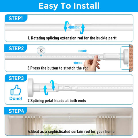 White No Drill Tension Curtain Rods Extends From 41 To 146 Inches installation steps, showing easy setup process.