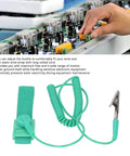 10 Pack Anti Static Wrist Straps With Adjustable Length And 1 Mega Ohm Resistor Grounding Bracelets For Electronics ESD Safe Assembly And Repair Tools For Workbench And Tech Projects, featuring a green strap and coiled cord with alligator clip next to a circuit board.