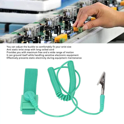 10 Pack Anti Static Wrist Straps With Adjustable Length And 1 Mega Ohm Resistor Grounding Bracelets For Electronics ESD Safe Assembly And Repair Tools For Workbench And Tech Projects, featuring a green strap and coiled cord with alligator clip next to a circuit board.