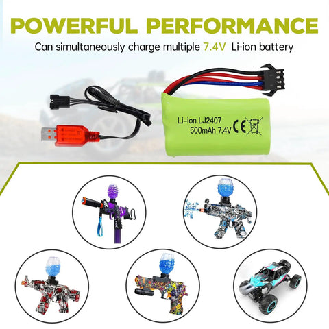 7.4V 500mAh SM-4P Plug Rechargeable Battery With Dope USB Charging Cable For EC16 DE85 RC Toy Car Model Dirt Bike M416 Gel Ball Blaster Spare Power Pack For RC Battle Games
