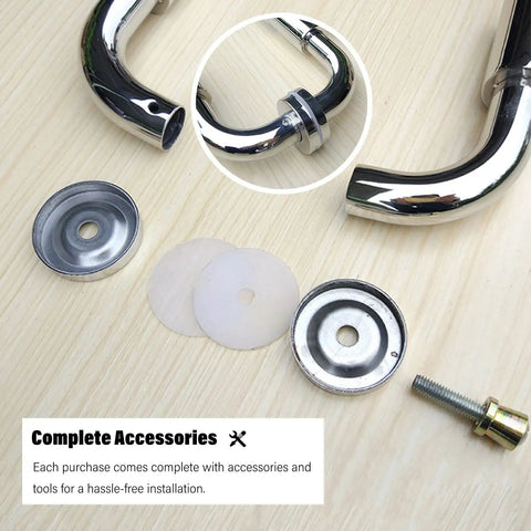 Stainless Steel Clear Acrylic Door Hardware Kit components on a wooden surface with grab bar and installation accessories.