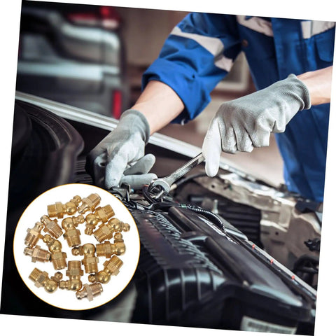 Grease Fitting All-In-One Kit With 60 Pieces 1/4-28 SAE shown with mechanic using a wrench on a car engine