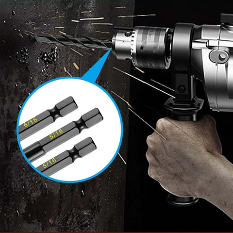 Masonry drill bits, three black 5/16-inch hex-shank bits (close-up view)