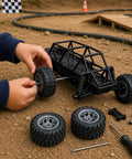 Hands installing a wheel from the 4 Piece 60mm Toy Car Wheel Set With Rubber Tires And 3mm Shafts For RC Cars Trucks Robots