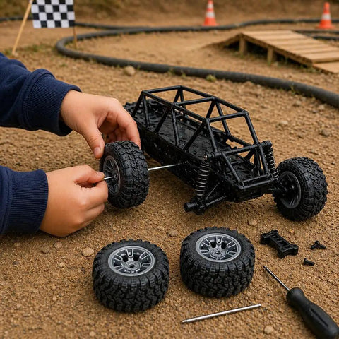 Hands installing a wheel from the 4 Piece 60mm Toy Car Wheel Set With Rubber Tires And 3mm Shafts For RC Cars Trucks Robots