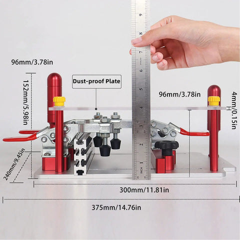 Measuring dimensions of Router Table Coping Sled With Adjustable Rail Guide For Precise Joints And Clean Cuts.
