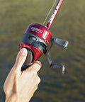 Close-up of Custom Spincast Reel And Rod Combo With 6 Foot Two Piece Fiberglass Rod EVA Handle Quickset Anti Reverse Bite Alert Red Finish Size 30