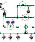 Illustration of 50 pack 1/4 inch drip irrigation shut off valves with barbed fittings for 1/4 inch tubing in garden system
