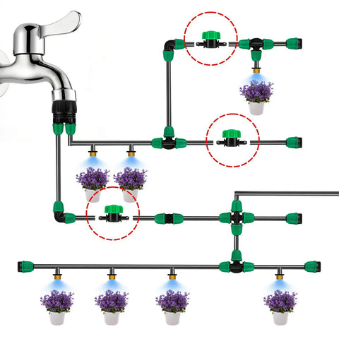 Illustration of 50 pack 1/4 inch drip irrigation shut off valves with barbed fittings for 1/4 inch tubing in garden system