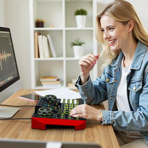 Woman using Pro Gaming Audio Mixer For Streaming And Podcasting With Built In Voice Changer USB Audio Interface at desk