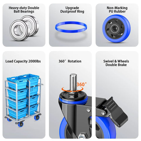 4 Inch Heavy Duty Stem Caster Wheels Set Of Four With Locking Swivel Casters 2000 Lbs Capacity features and components