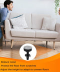 Beefy Heavy Duty Furniture Leveling Feet Set For Tables Cabinets Sofas And Dressers in use under sofa, includes 4 black feet plus 8 felt pads