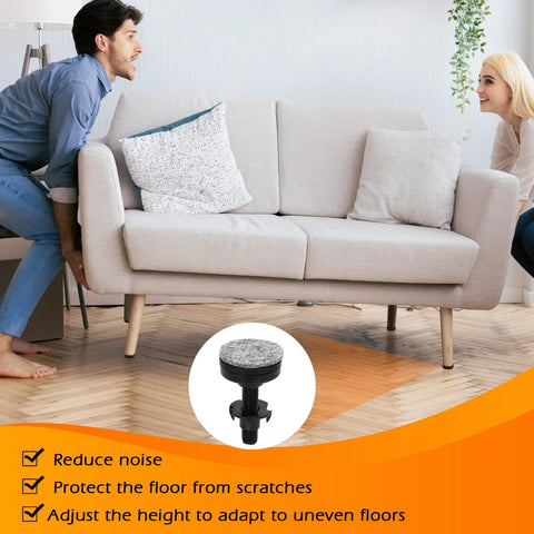 Beefy Heavy Duty Furniture Leveling Feet Set For Tables Cabinets Sofas And Dressers in use under sofa, includes 4 black feet plus 8 felt pads