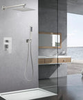 Brushed Nickel Shower System With 8 Inch Square Rain Shower Head, Brass Handheld, Stainless Steel Arm; modern bathroom setting