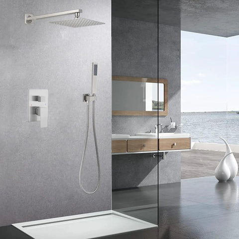 Brushed Nickel Shower System With 8 Inch Square Rain Shower Head, Brass Handheld, Stainless Steel Arm; modern bathroom setting