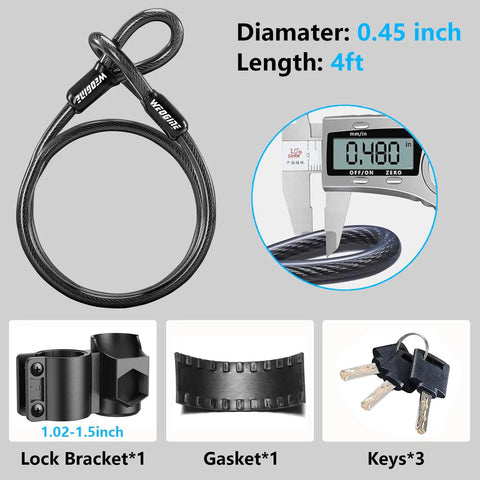 Heavy Duty Bike U Lock With 5 Foot Security Cable And 17mm Shackle accessories including 4ft cable, bracket, gasket, and 3 keys.