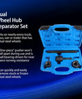 Heavy Duty Dual Wheel Separator Kit For Trucks And Trailers, 4 Piece Wheel Hub Removal Tool in storage case displayed open