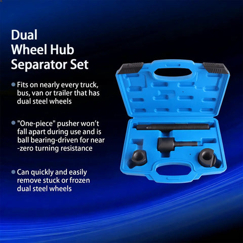 Heavy Duty Dual Wheel Separator Kit For Trucks And Trailers, 4 Piece Wheel Hub Removal Tool in storage case displayed open