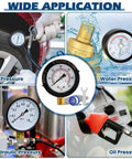 0-60 Psi Pool Filter Pressure Gauge With A Pro Grade Built To Last 2 Inch Dial, 1/4 Inch NPT Lower Mount, Stainless Steel Case, IP67 Waterproof displayed with applications for air, water, hydraulic, and oil pressure measurement.