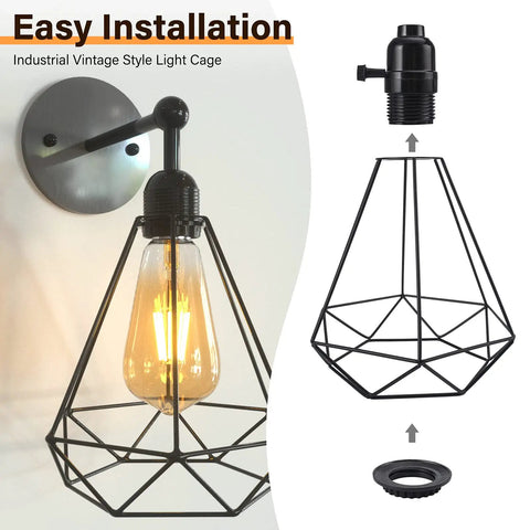 Industrial vintage style light cage with Black E26 Lamp Shade Collar Rings Set Threaded Reducer 1-3/8 Inches kit for socket lamps.