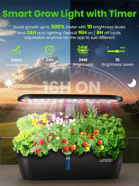 Hydroponic Indoor Garden System Kit with 15 Pods, 24W Grow Light, App Control, Quiet Pump, 24 Hour Timer in use.