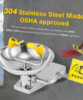 Must Have Wall Mounted Eyewash Station That Is OSHA Approved Emergency Eye Wash With Stainless Steel Bowl NPT Threads Includes Emergency Sign ANSI Z358.1 2014 Compliant Heavy Duty Safety Gear For Workplace Quick Install with compliance stamp and push sign visible.