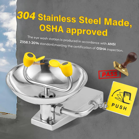 Must Have Wall Mounted Eyewash Station That Is OSHA Approved Emergency Eye Wash With Stainless Steel Bowl NPT Threads Includes Emergency Sign ANSI Z358.1 2014 Compliant Heavy Duty Safety Gear For Workplace Quick Install with compliance stamp and push sign visible.
