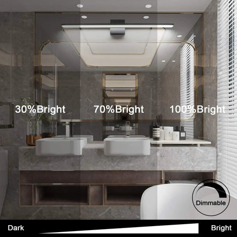 31.5 Inch Dimmable Modern LED Black Vanity Light Fixture For Bathroom Use showing dimming levels above a sink