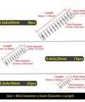Cilky conical stainless steel springs set, three sizes: 0.5x6x30mm (8pcs), 0.4x5x20mm (15pcs), 0.3x4x10mm (25pcs)