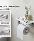 Rock Solid Brushed Nickel Toilet Paper Holder With Real Marble Shelf Wall Mount Tissue Dispenser showcasing phone storage and safety features.