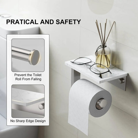 Rock Solid Brushed Nickel Toilet Paper Holder With Real Marble Shelf Wall Mount Tissue Dispenser showcasing phone storage and safety features.