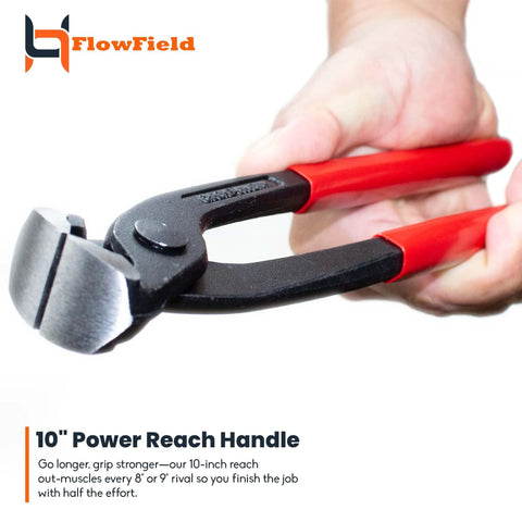 Close-up of 10 Inch Ear Clamp Pliers High Leverage Carpenter Pincer Nail Puller End Cutting PEX B Clamp Pliers with red handles