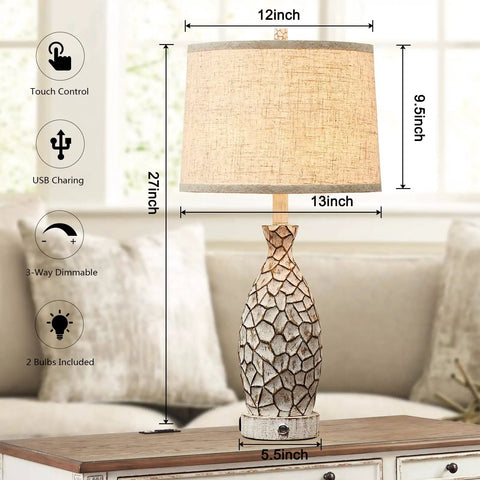 Rustic Farmhouse Bedside Lamps Set Of 2 With USB Ports And 3 Way Dimmable Lighting, White Linen Shade, 27 Inch Tall Nightstand Lamps, LED Bulbs Included, Built For Cozy Living Room Or Bedroom Vibe