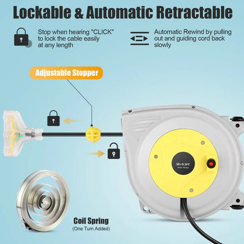 Long Reach Retractable Extension Cord Reel With 30 Foot Cord And 9.5 Foot Leader Ceiling Or Wall Mount 16 Gauge Power Cord
