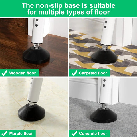 Adjustable Security Door Stop Bar With Interchangeable Caps And Rubber Tips, showing use on wooden, carpeted, marble, concrete floors