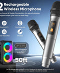 Karaoke Machine For Adults And Kids Portable Bluetooth Speaker With Two Wireless Microphones showing features and LED lights
