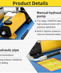 Heavy Duty Hydraulic Hose Crimper With Eight Swappable Die Sets For Smooth Zero Sweat Garage Work And Lock Tight Seal On All Custom Hydraulic Lines Today showing manual pump and hydraulic pipe details.