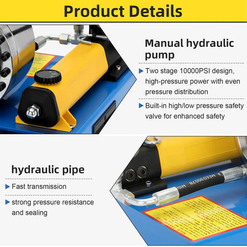 Heavy Duty Hydraulic Hose Crimper With Eight Swappable Die Sets For Smooth Zero Sweat Garage Work And Lock Tight Seal On All Custom Hydraulic Lines Today showing manual pump and hydraulic pipe details.