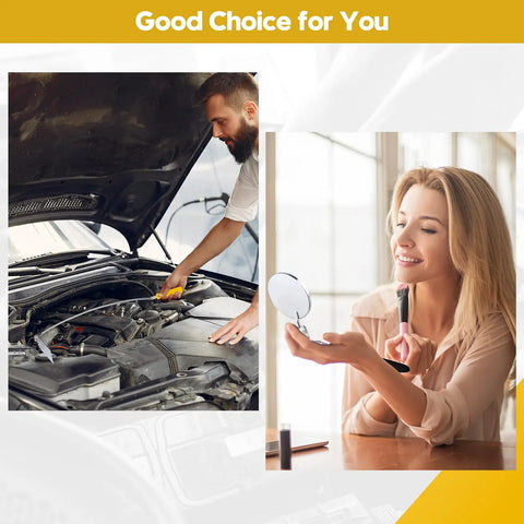 Man using telescoping inspection mirror on car engine and woman holding makeup mirror, both demonstrating inspection uses.